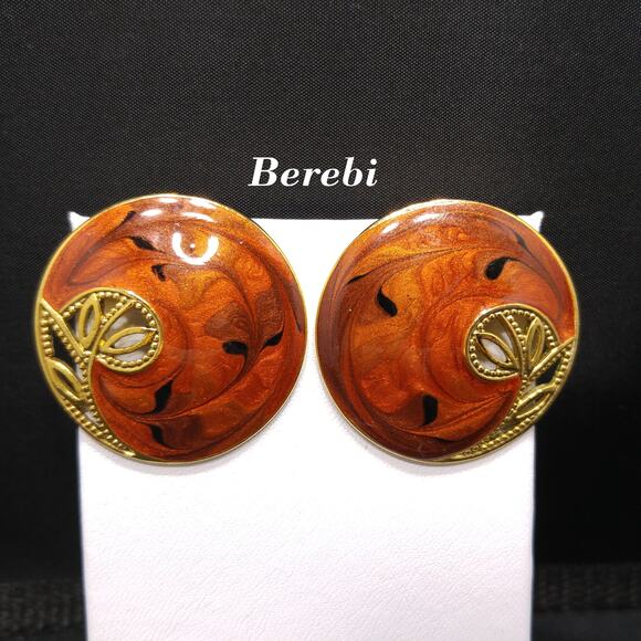 Vintage Berebi Brown Guilloche Enamel Openwork Floral Post Earrings, 1990s - Picture 1 of 10